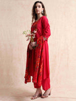 Load image into Gallery viewer, Red Vetican Silk Solid Hand work A-line Kurti, Pant and Dupatta Set