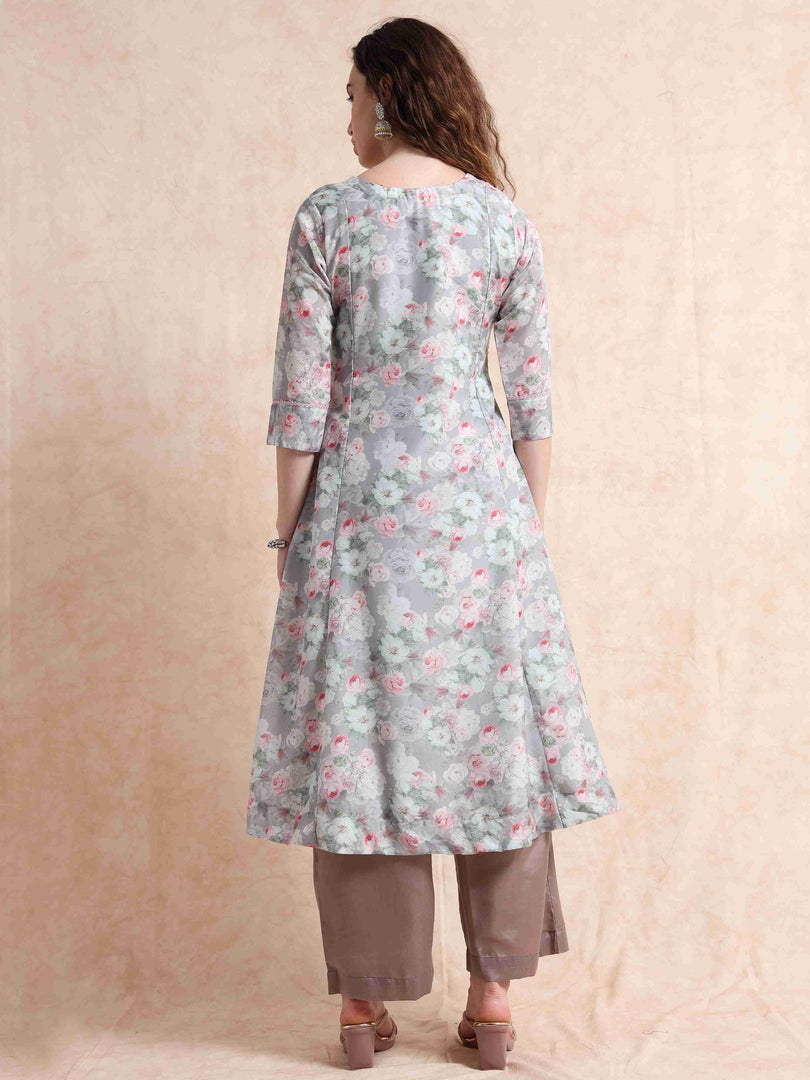 Grey lychee Silk Floral Printed Flair Kurti, Pant and Printed Dupatta