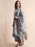 Load image into Gallery viewer, Grey lychee Silk Floral Printed Flair Kurti, Pant and Printed Dupatta