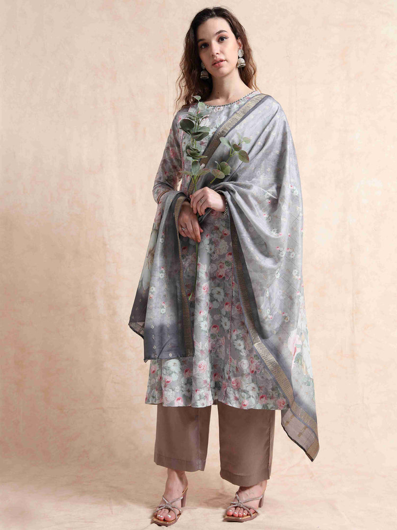 Grey lychee Silk Floral Printed Flair Kurti, Pant and Printed Dupatta