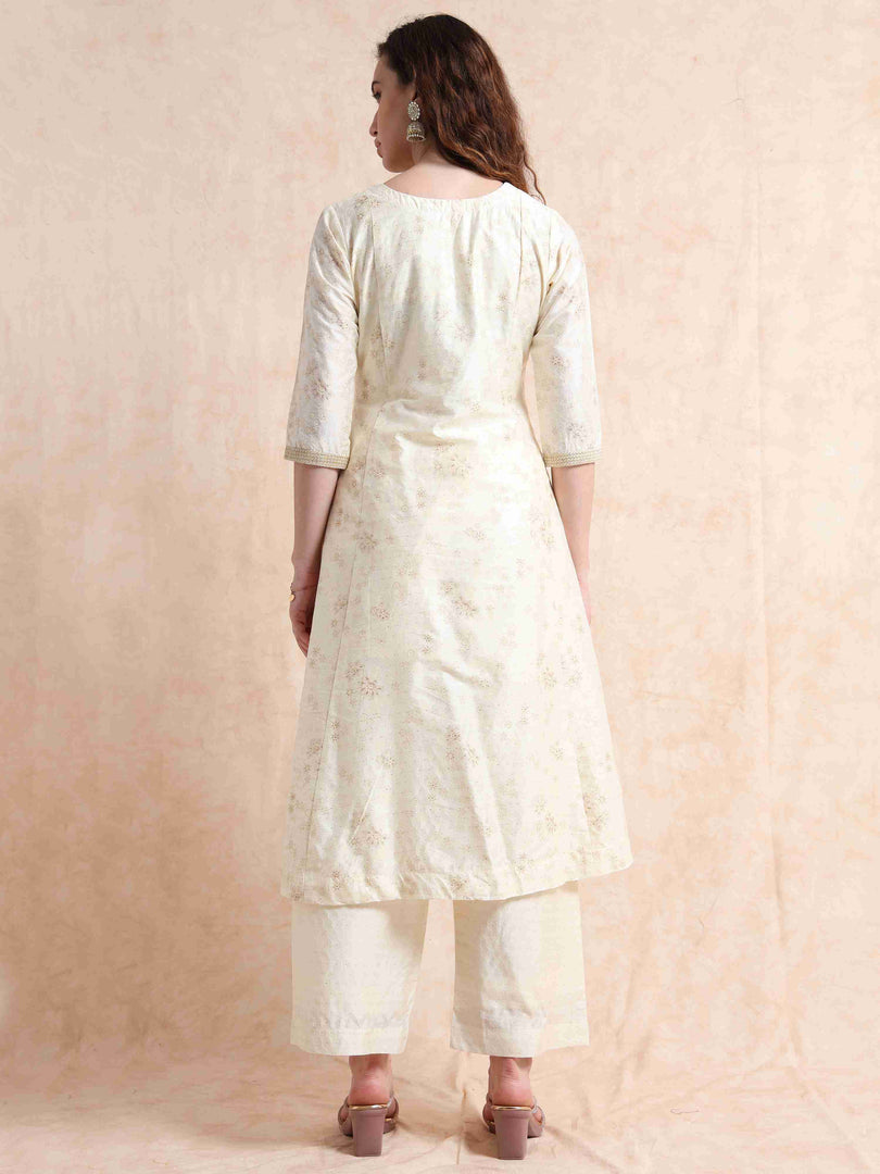 Cream Lychee Silk Floral Printed Anarkali Kurti, Pant and Designer Dupatta