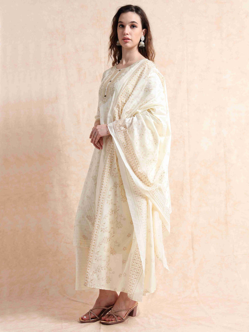 Cream Lychee Silk Floral Printed Anarkali Kurti, Pant and Designer Dupatta
