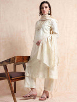 Load image into Gallery viewer, Cream Lychee Silk Floral Printed Anarkali Kurti, Pant and Designer Dupatta