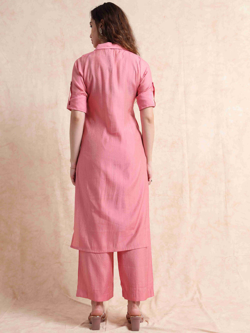 Pink Button-Down Vetican Kurta And Wide-Leg Pant Co-ord Set