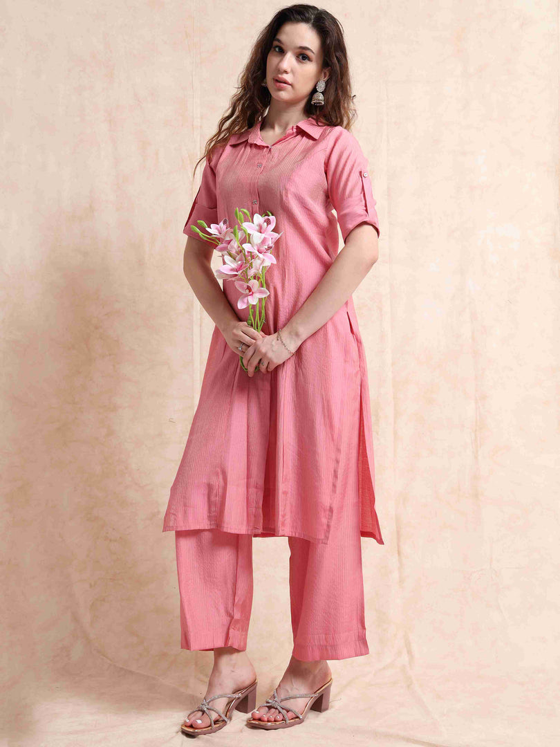 Pink Button-Down Vetican Kurta And Wide-Leg Pant Co-ord Set