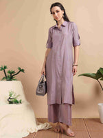 Load image into Gallery viewer, Lavender Button-Down Vetican Kurta And Wide-Leg Pant Co-ord Set
