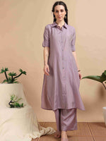 Load image into Gallery viewer, Lavender Button-Down Vetican Kurta And Wide-Leg Pant Co-ord Set
