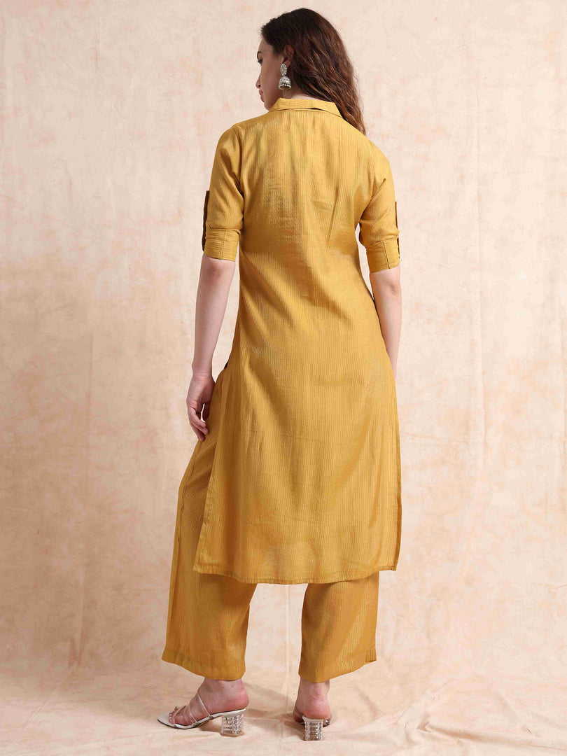 Mustard Button-Down Vetican Kurta And Wide-Leg Pant Co-ord Set