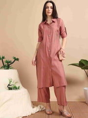 Peach Button-Down Vetican Kurta And Wide-Leg Pant Co-ord Set