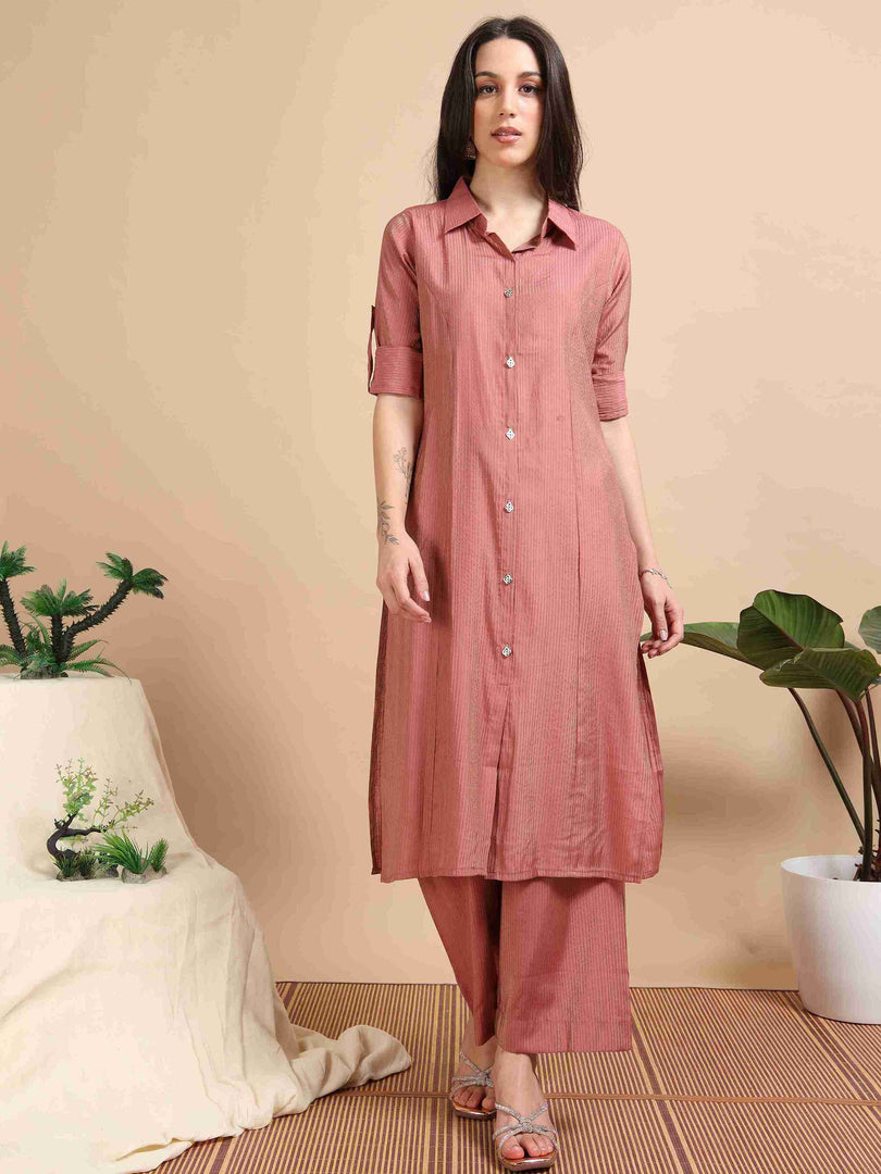 Peach Button-Down Vetican Kurta And Wide-Leg Pant Co-ord Set