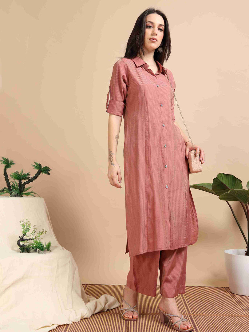 Peach Button-Down Vetican Kurta And Wide-Leg Pant Co-ord Set