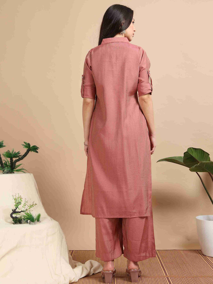Peach Button-Down Vetican Kurta And Wide-Leg Pant Co-ord Set