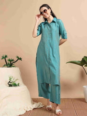 Teal Button-Down Vetican Kurta And Wide-Leg Pant Co-ord Set