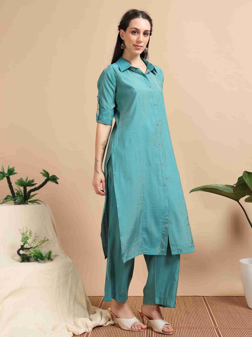 Teal Button-Down Vetican Kurta And Wide-Leg Pant Co-ord Set