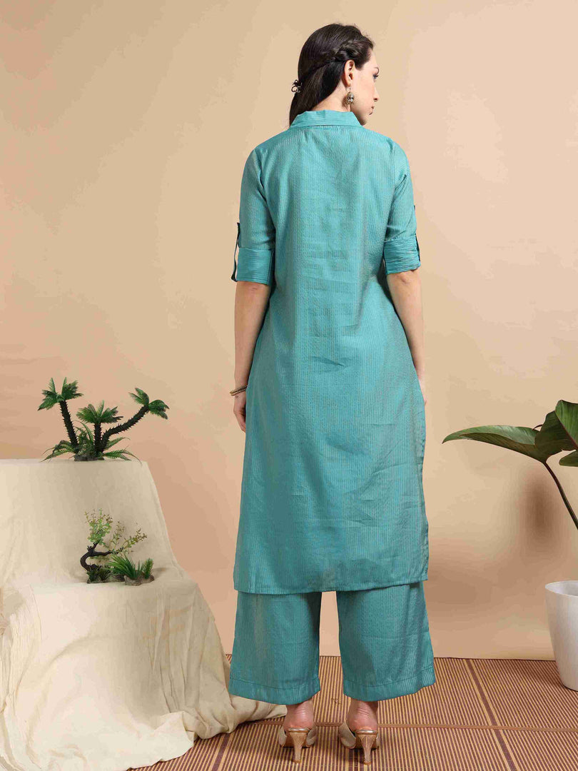 Teal Button-Down Vetican Kurta And Wide-Leg Pant Co-ord Set