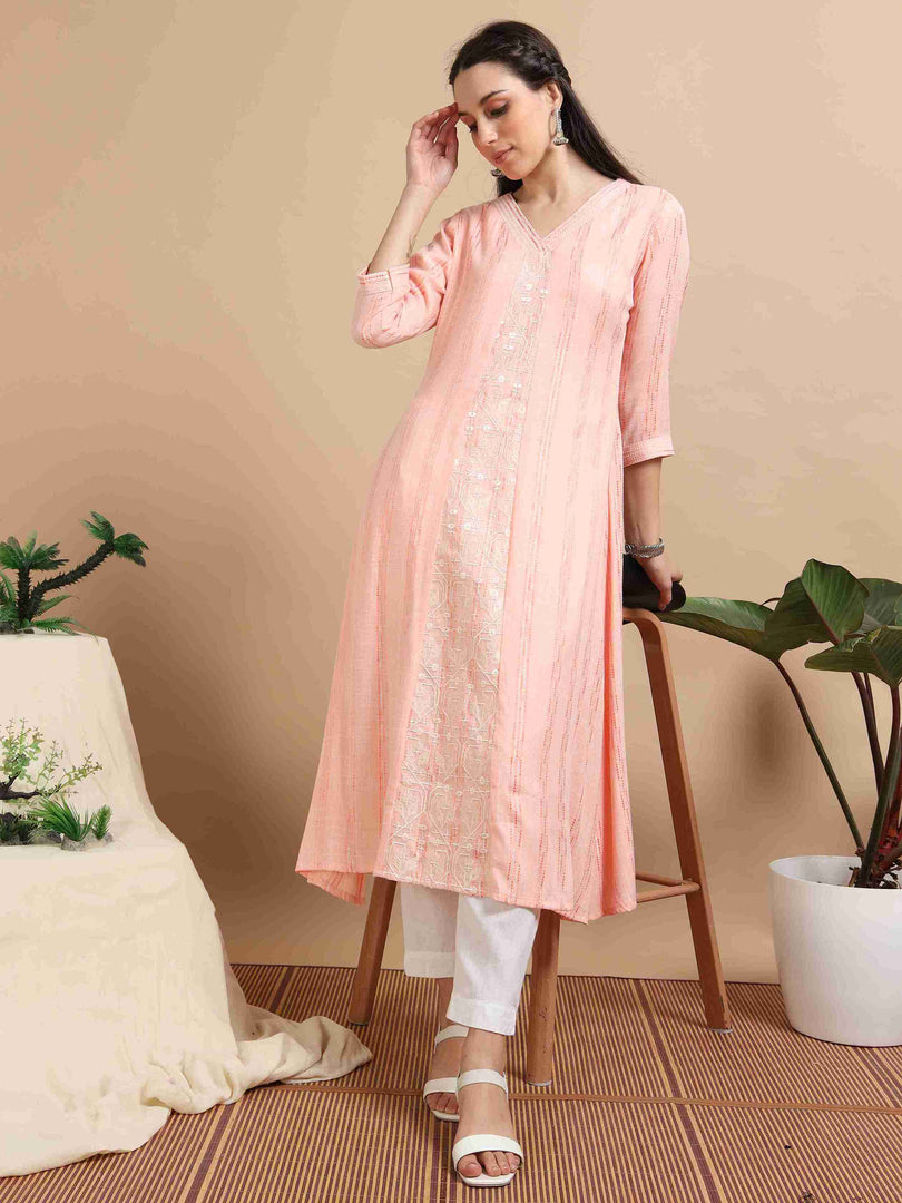 Peach Rayon Embroidered A-Line Kurti