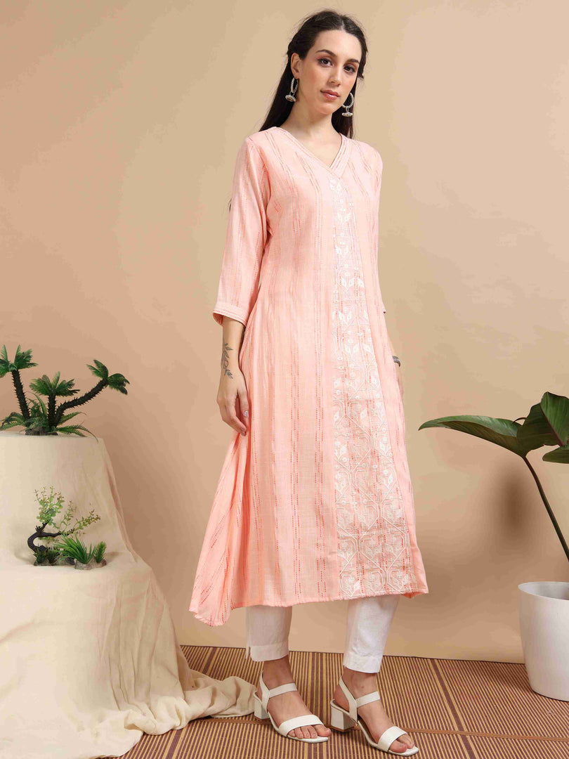 Peach Rayon Embroidered A-Line Kurti
