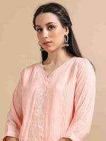 Load image into Gallery viewer, Peach Rayon Embroidered A-Line Kurti