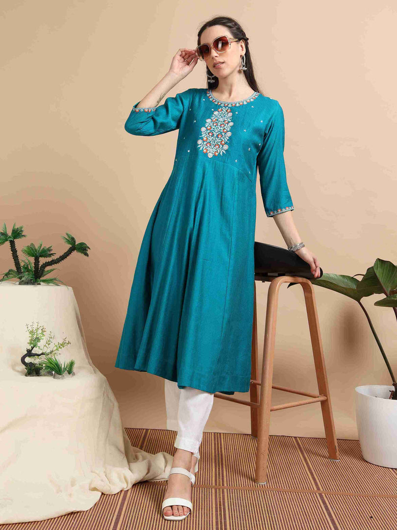 Teal Berlin Embroidered Anarkali Kurti