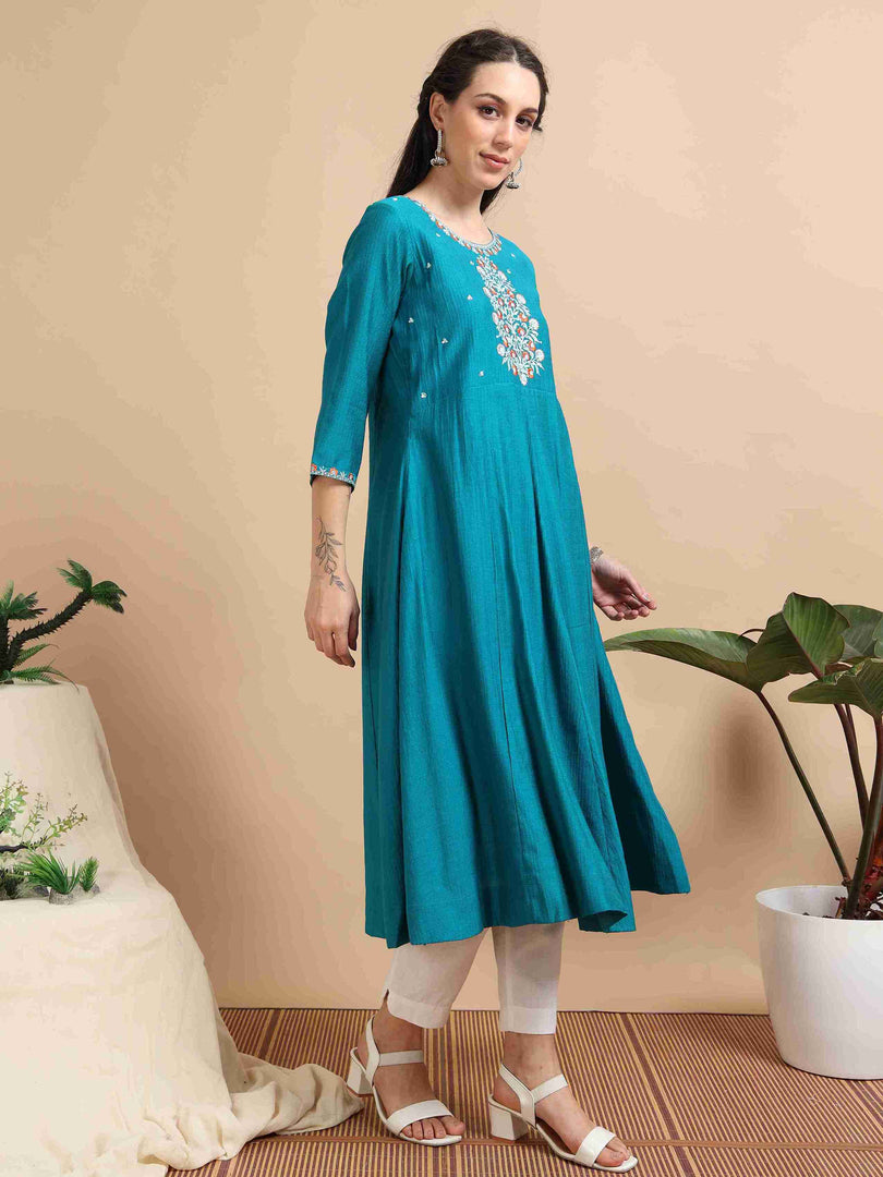 Teal Berlin Embroidered Anarkali Kurti