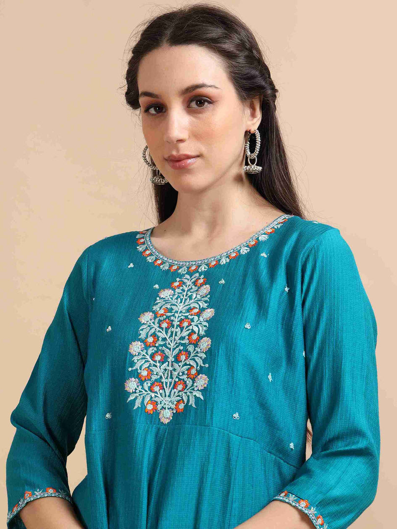 Teal Berlin Embroidered Anarkali Kurti