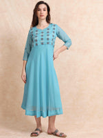 Load image into Gallery viewer, Light Blue Poly Shimmer Embroidered  Solid Flared Kurti
