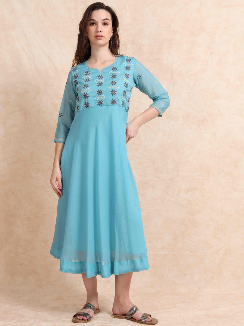 Light Blue Poly Shimmer Embroidered  Solid Flared Kurti
