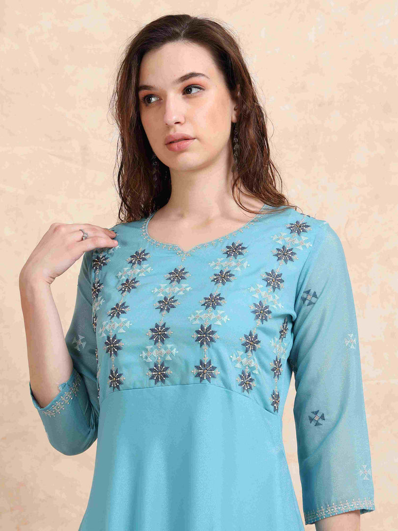 Light Blue Poly Shimmer Embroidered  Solid Flared Kurti