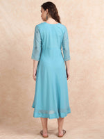 Load image into Gallery viewer, Light Blue Poly Shimmer Embroidered  Solid Flared Kurti
