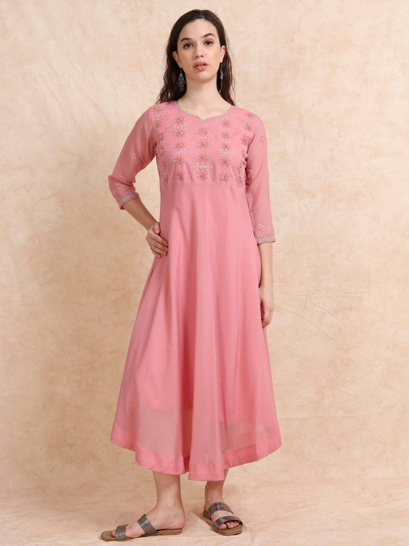 Pink Poly Shimmer Embroidered Solid Flared Kurti