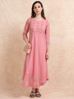 Load image into Gallery viewer, Pink Poly Shimmer Embroidered Solid Flared Kurti
