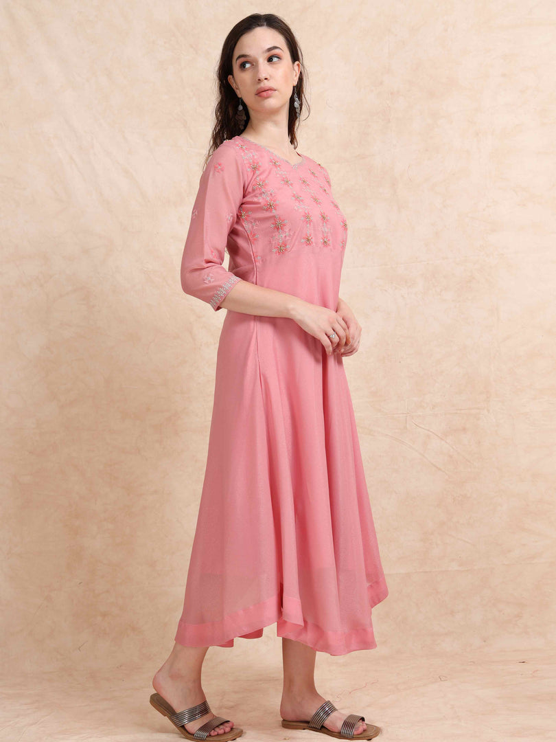 Pink Poly Shimmer Embroidered Solid Flared Kurti