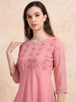 Load image into Gallery viewer, Pink Poly Shimmer Embroidered Solid Flared Kurti
