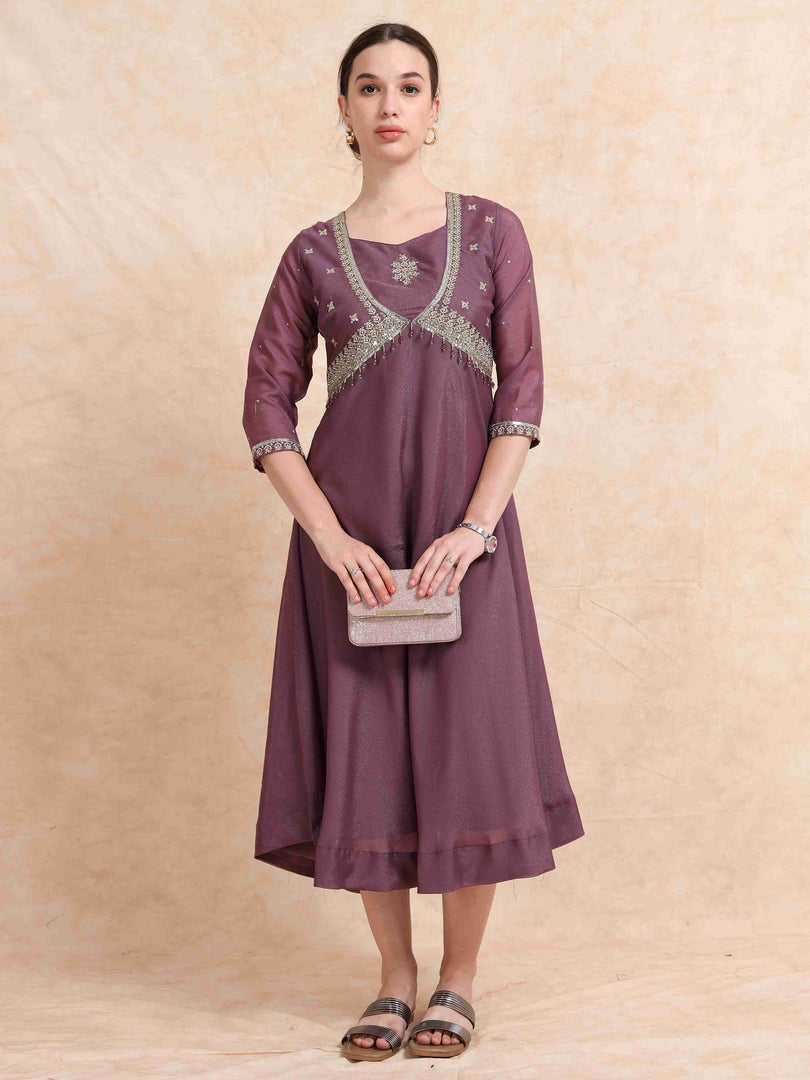 Plum Purple Poly Shimmer Embroidered Solid  Flared Kurti