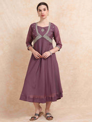 Plum Purple Poly Shimmer Embroidered Solid  Flared Kurti