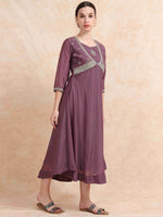 Load image into Gallery viewer, Plum Purple Poly Shimmer Embroidered Solid  Flared Kurti
