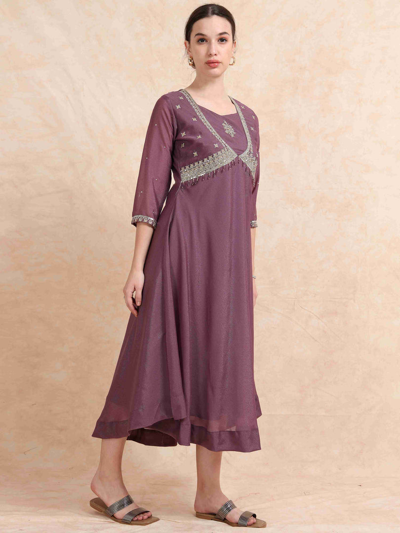 Plum Purple Poly Shimmer Embroidered Solid  Flared Kurti