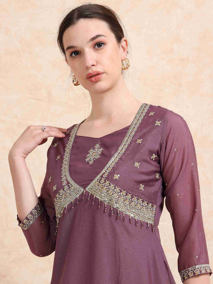 Plum Purple Poly Shimmer Embroidered Solid  Flared Kurti