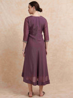 Load image into Gallery viewer, Plum Purple Poly Shimmer Embroidered Solid  Flared Kurti

