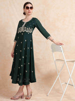 Load image into Gallery viewer, Deep Green Poly Shimmer Embroidered Solid  Flared Kurti
