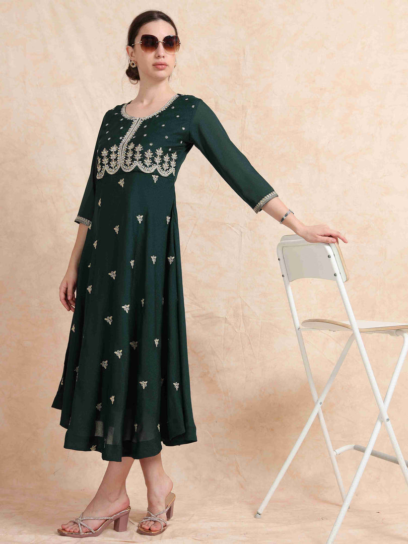 Deep Green Poly Shimmer Embroidered Solid  Flared Kurti