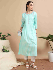 Mint Green Rayon Embroidered A-Line Kurti