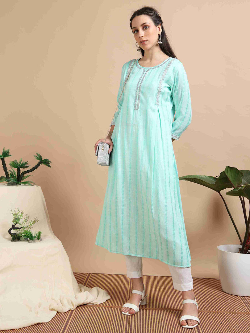 Mint Green Rayon Embroidered A-Line Kurti