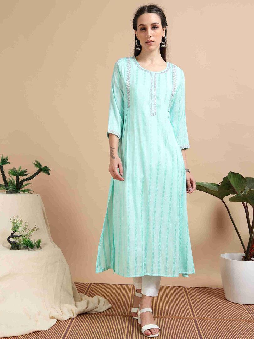 Mint Green Rayon Embroidered A-Line Kurti