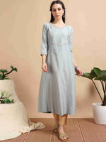 Load image into Gallery viewer, Grey Solid Cherry Silk with Embroidery Flair Kurti
