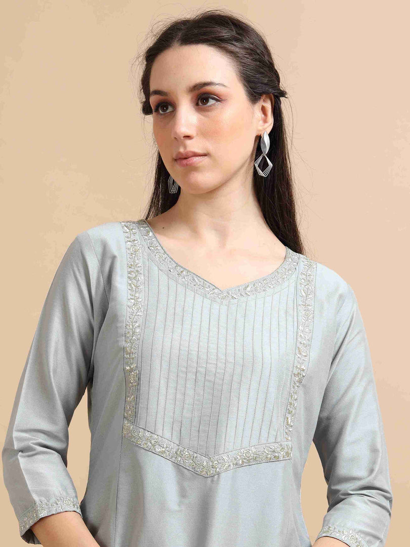 Grey Solid Cherry Silk with Embroidery Flair Kurti