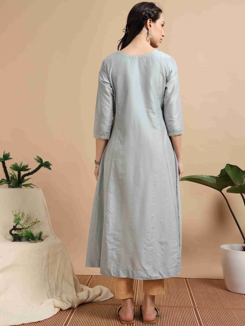Grey Solid Cherry Silk with Embroidery Flair Kurti