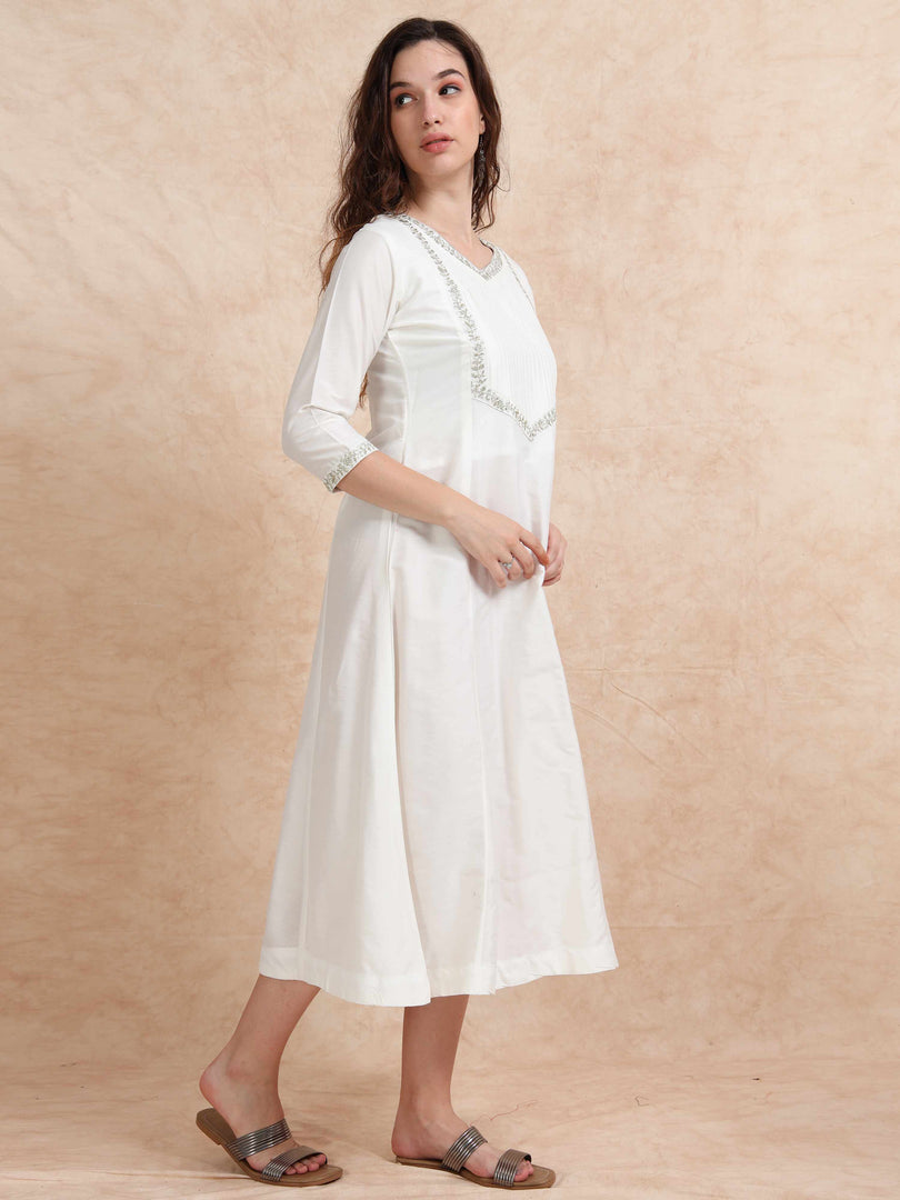 White Solid Cherry Silk with Embroidery Flair Kurti