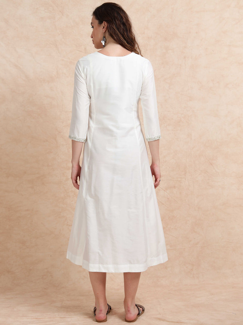 White Solid Cherry Silk with Embroidery Flair Kurti