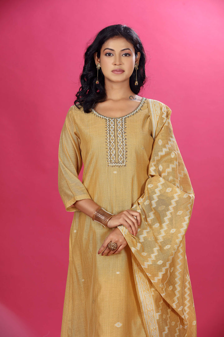 Mustard Aura Handloom Chanderi Jamdani Silk A-Line Kurta Set